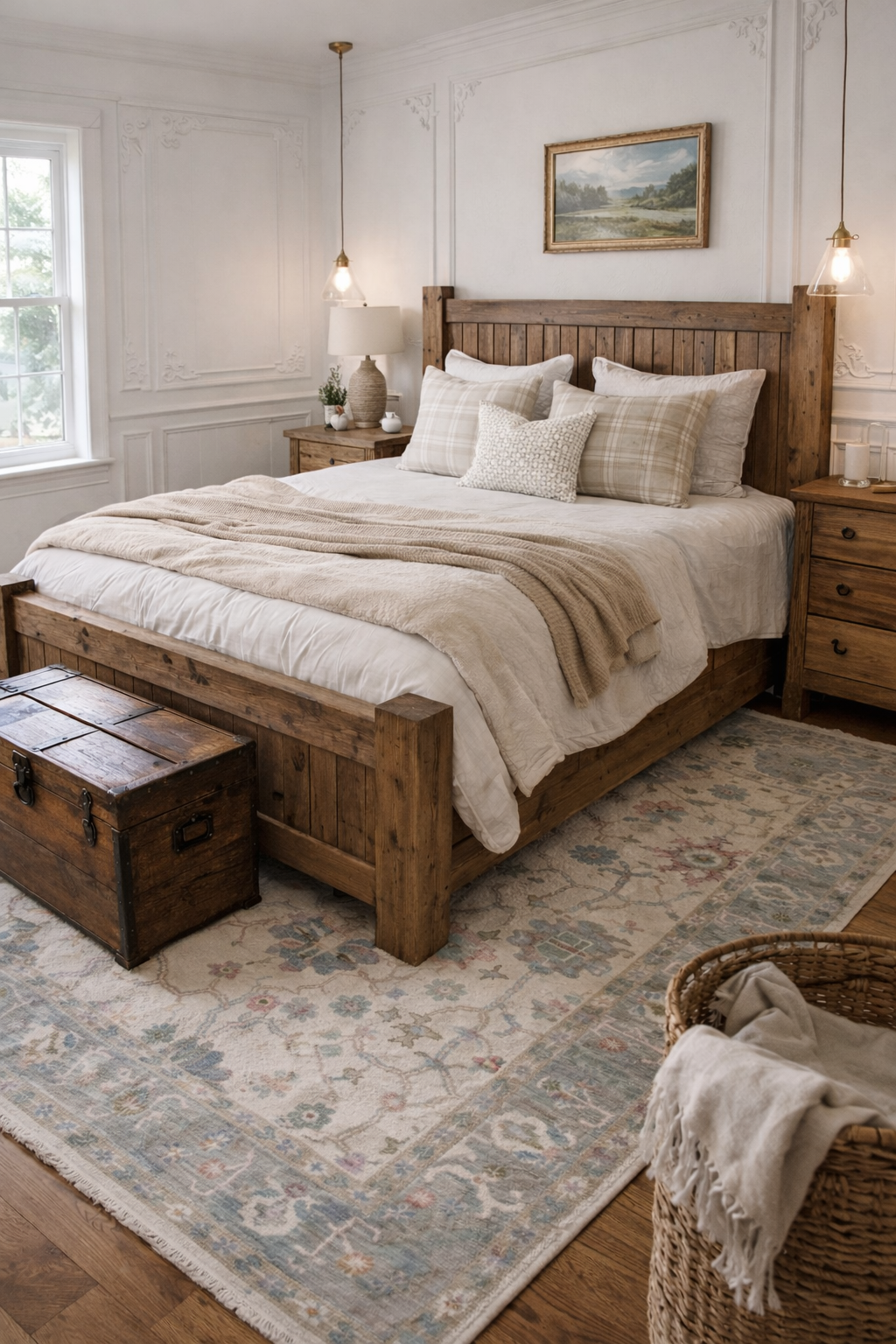 Pastel Oushak area rug styled in a rustic bedroom with wooden bed frame and soft natural daylight, traditional floral rug on hardwood floor