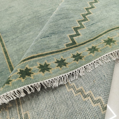 Backside view of handwoven flatweave wool rug