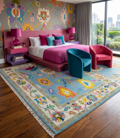Handmade sky blue Oushak wool rug with vibrant botanical design styled in a colorful modern bedroom.