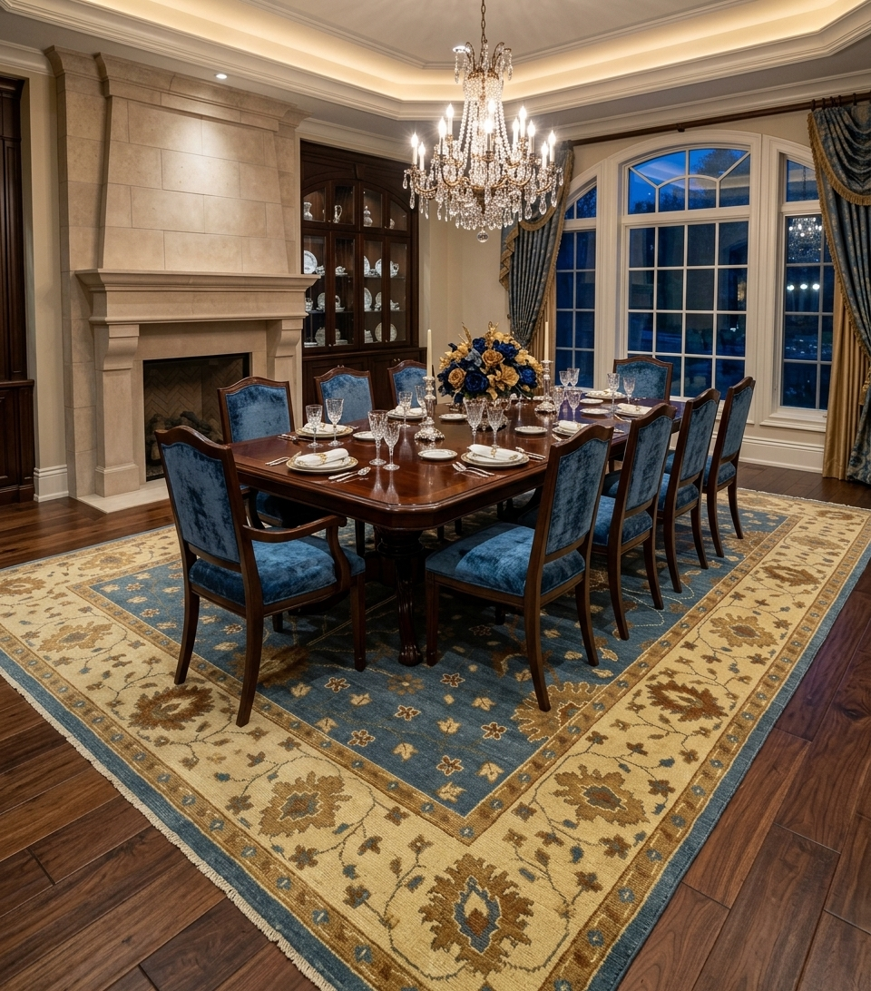 Traditional blue and beige oriental area rug in luxury dining room with wooden table and classic chairs