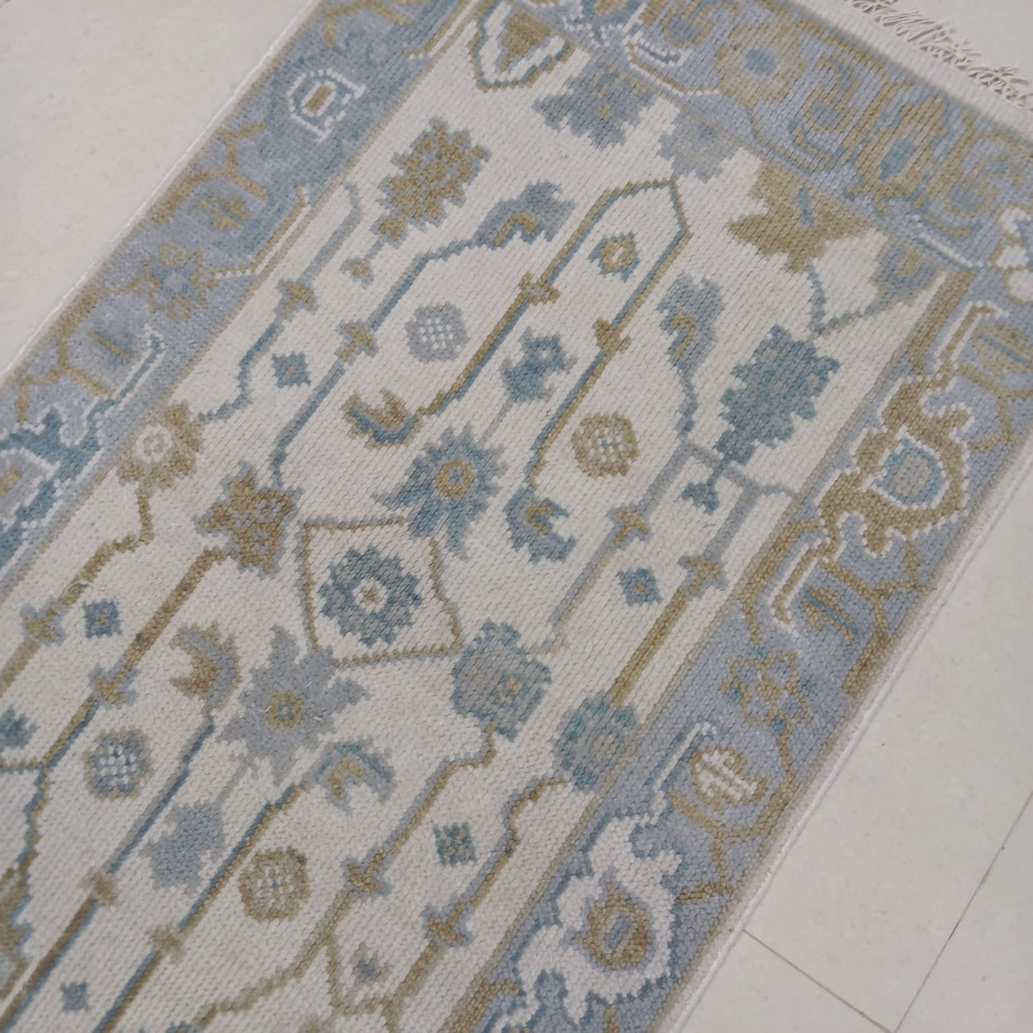 Ivory Light Blue & Beige Wool Hallway Runner