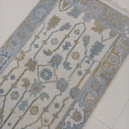 Ivory Light Blue & Beige Wool Hallway Runner