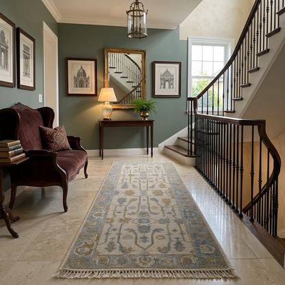Ivory Light Blue & Beige Wool Hallway Runner