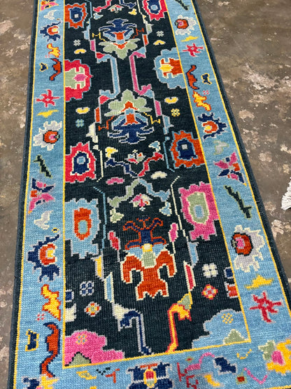 Black & Sky Blue Oushak Runner Rug