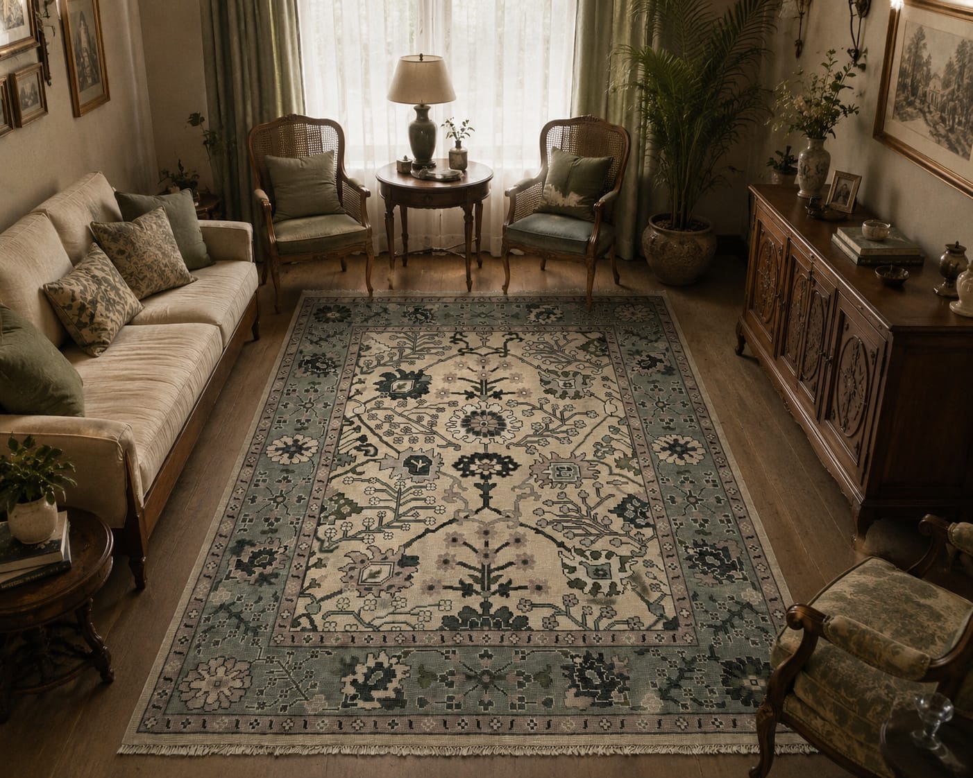 Vintage blue Oushak area rug in elegant living room with floral patterns and traditional handmade design