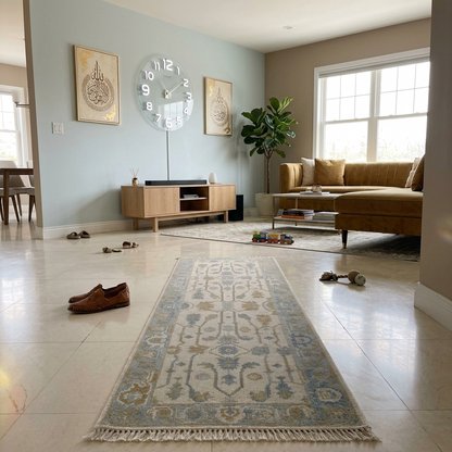 Ivory Light Blue & Beige Wool Hallway Runner